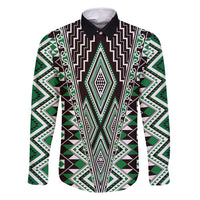 Green Aotearoa Tukutuku and Poutama Motif Family Matching Long Sleeve Bodycon Dress and Hawaiian Shirt