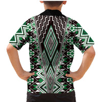 Green Aotearoa Tukutuku and Poutama Motif Family Matching Mermaid Dress and Hawaiian Shirt