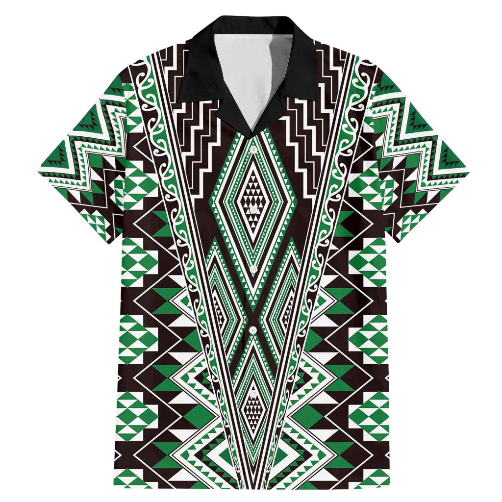 Green Aotearoa Tukutuku and Poutama Motif Family Matching Mermaid Dress and Hawaiian Shirt