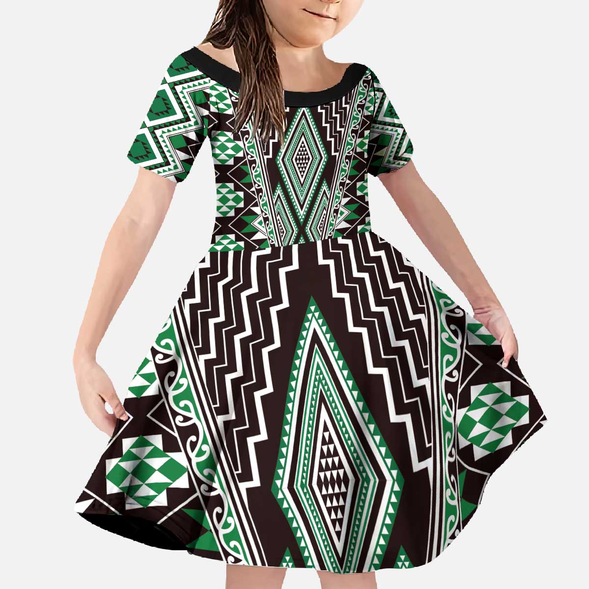 Green Aotearoa Tukutuku and Poutama Motif Family Matching Off The Shoulder Long Sleeve Dress and Hawaiian Shirt