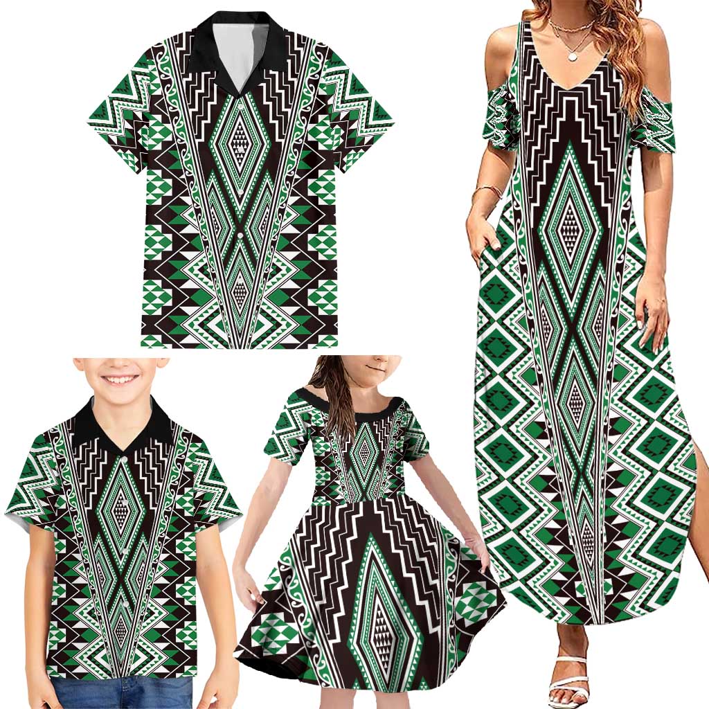 Green Aotearoa Tukutuku and Poutama Motif Family Matching Summer Maxi Dress and Hawaiian Shirt