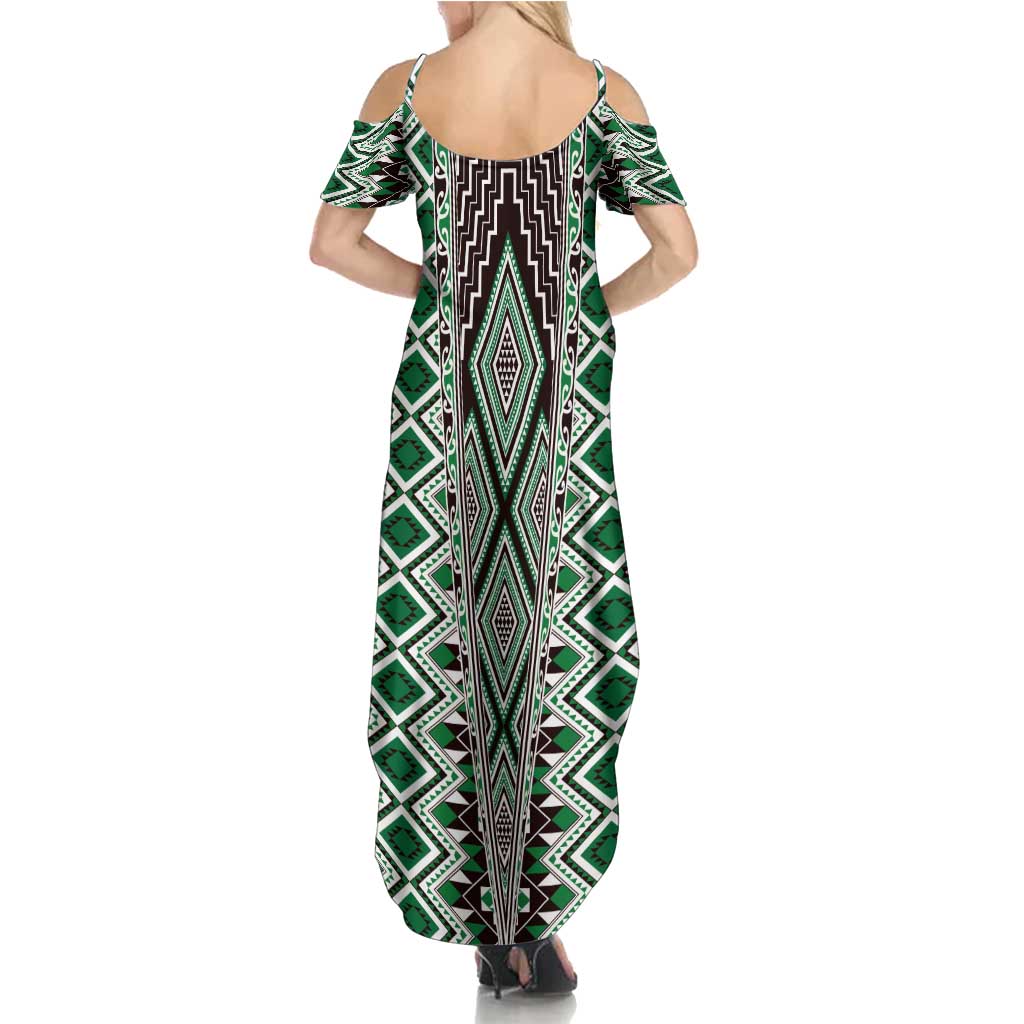 Green Aotearoa Tukutuku and Poutama Motif Family Matching Summer Maxi Dress and Hawaiian Shirt