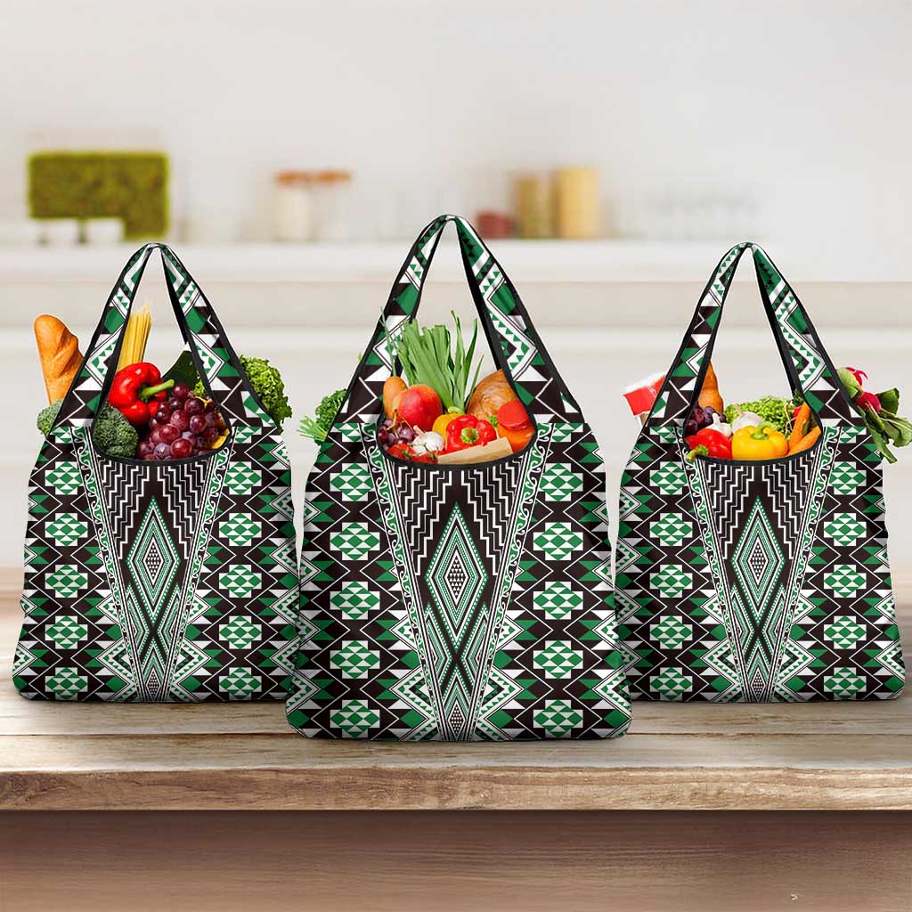 Green Aotearoa Tukutuku and Poutama Motif Grocery Bag LT03 3-pack One Size Green - Polynesian Pride