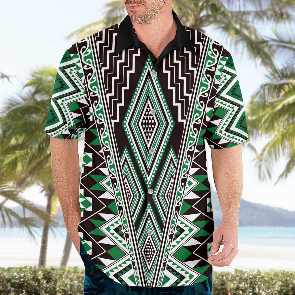 Green Aotearoa Tukutuku and Poutama Motif Hawaiian Shirt LT03 - Polynesian Pride