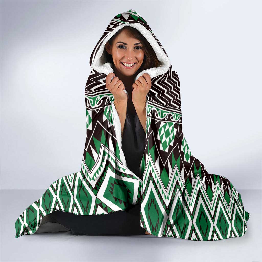 Green Aotearoa Tukutuku and Poutama Motif Hooded Blanket LT03 - Polynesian Pride