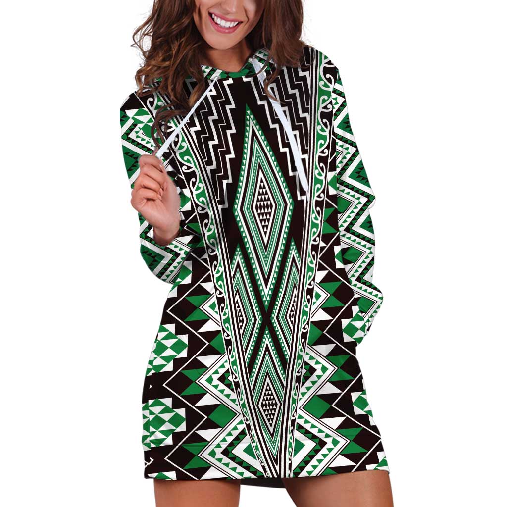 Green Aotearoa Tukutuku and Poutama Motif Hoodie Dress LT03 Green - Polynesian Pride
