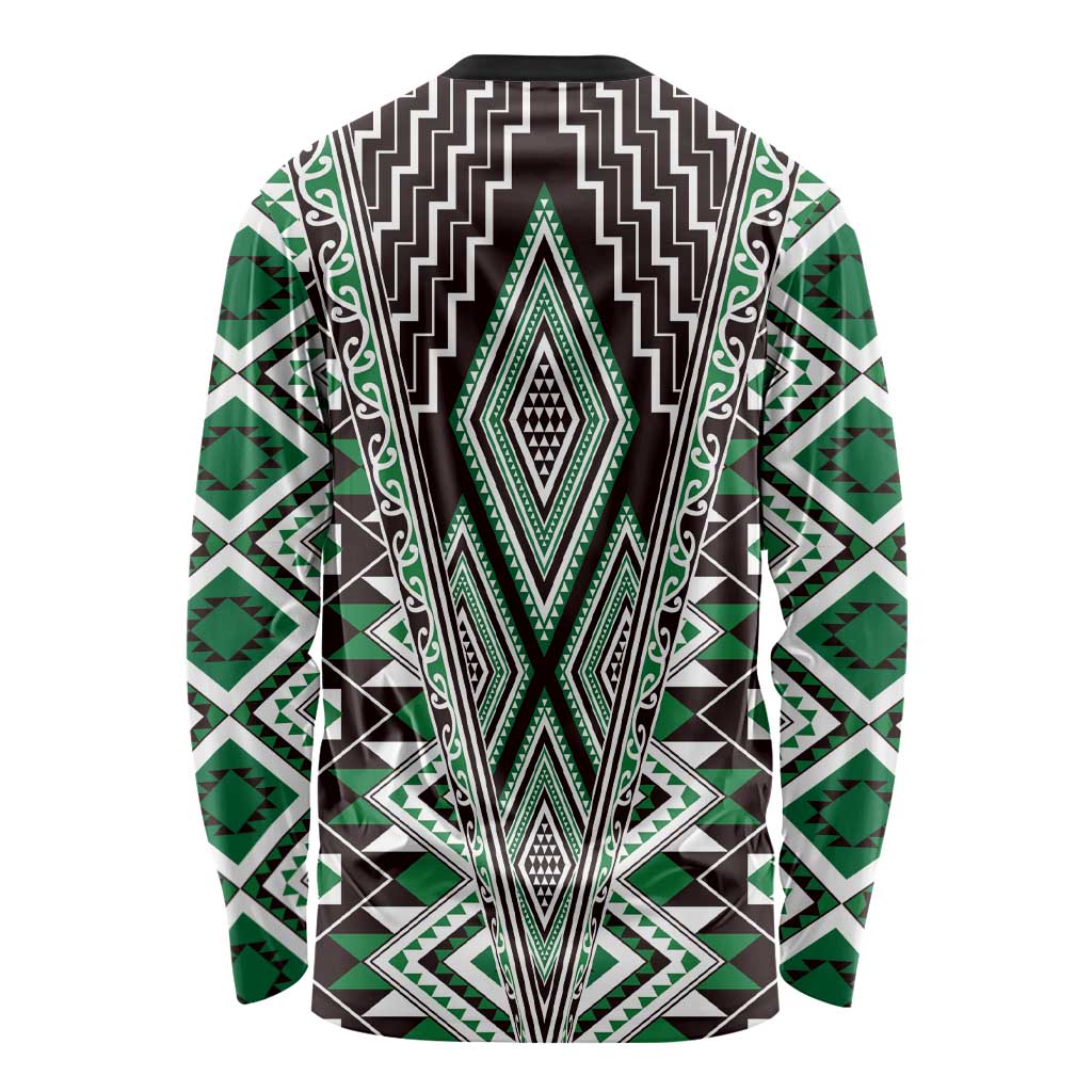 Green Aotearoa Tukutuku and Poutama Motif Long Sleeve Shirt LT03 - Polynesian Pride