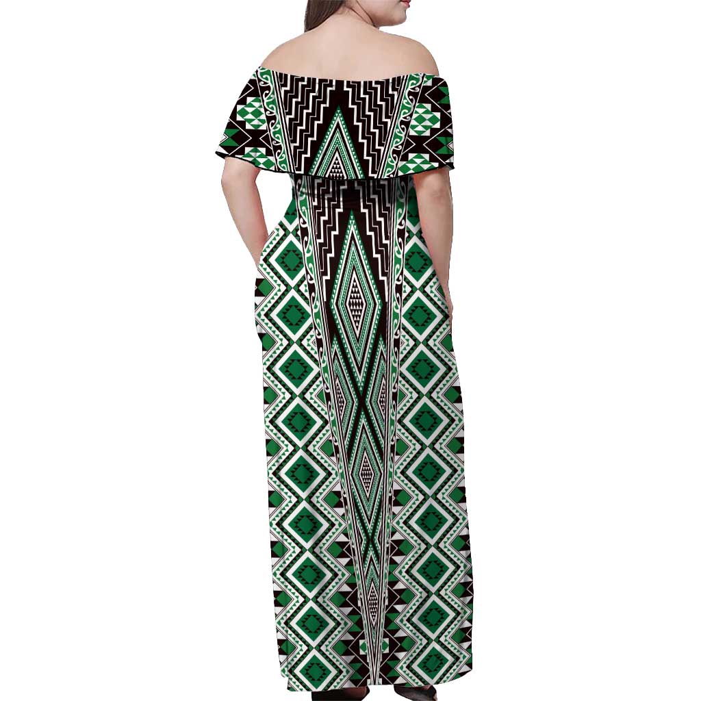 Green Aotearoa Tukutuku and Poutama Motif Off Shoulder Maxi Dress LT03 - Polynesian Pride