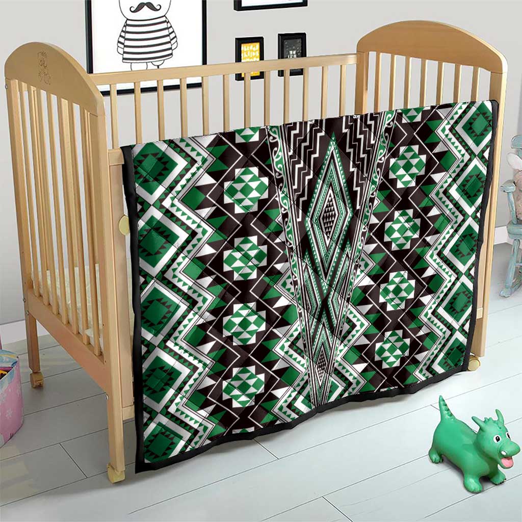 Green Aotearoa Tukutuku and Poutama Motif Quilt