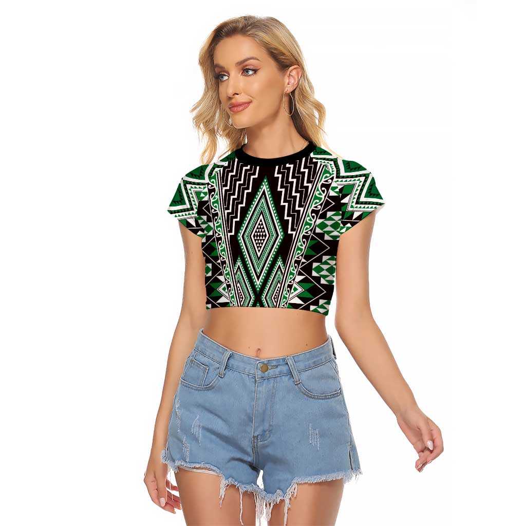 Green Aotearoa Tukutuku and Poutama Motif Raglan Cropped T Shirt LT03 Female Green - Polynesian Pride