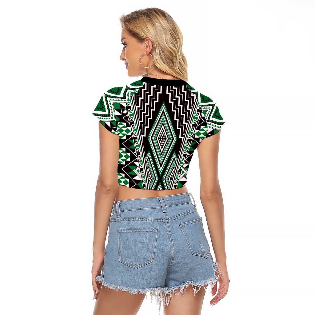 Green Aotearoa Tukutuku and Poutama Motif Raglan Cropped T Shirt LT03 - Polynesian Pride