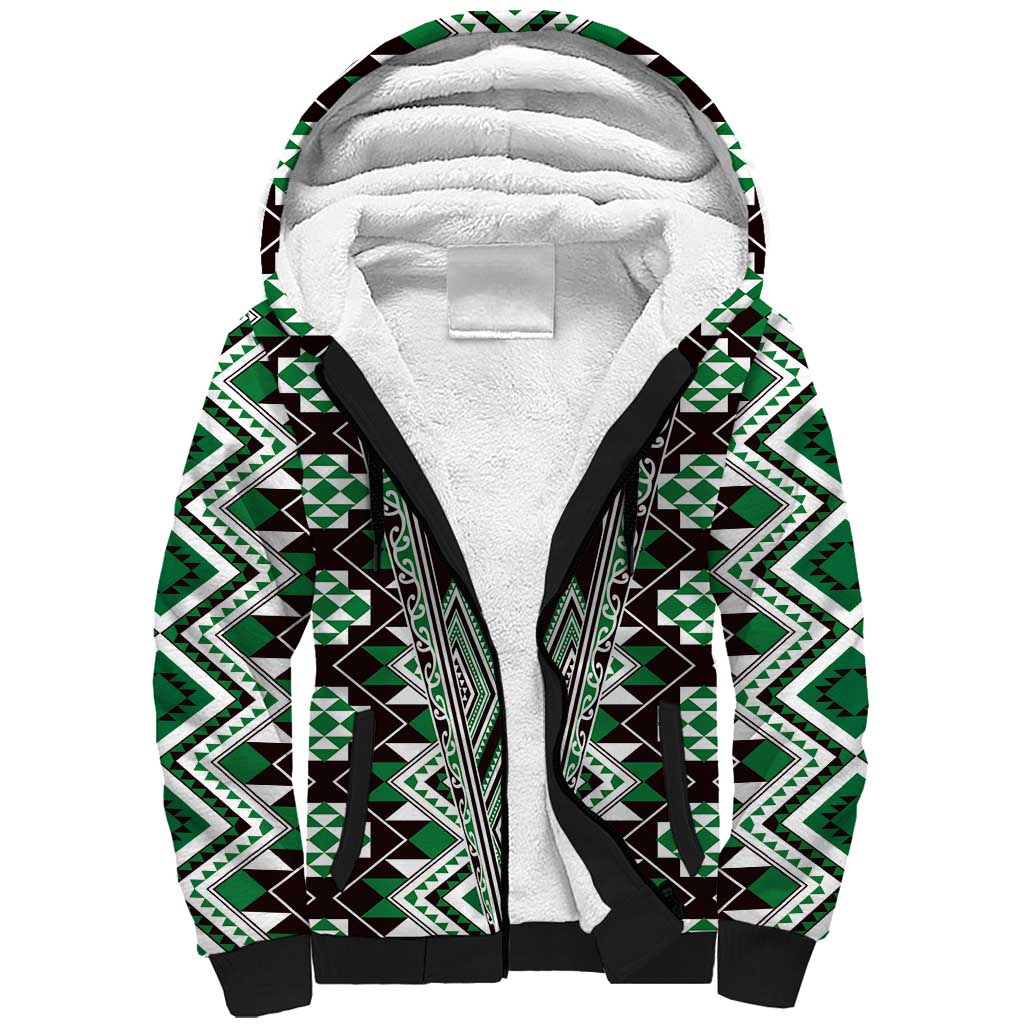 Green Aotearoa Tukutuku and Poutama Motif Sherpa Hoodie LT03 Unisex Green - Polynesian Pride