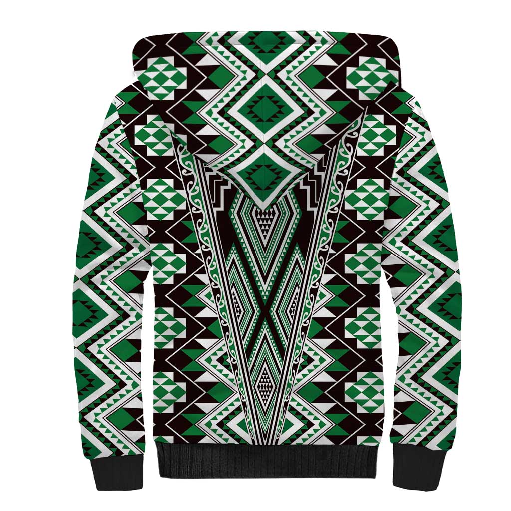 Green Aotearoa Tukutuku and Poutama Motif Sherpa Hoodie LT03 - Polynesian Pride