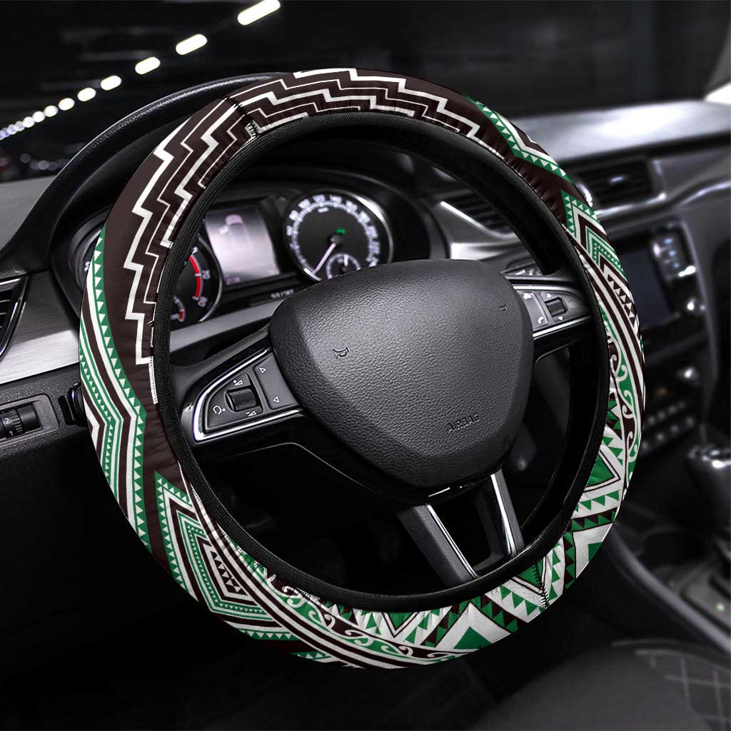 Green Aotearoa Tukutuku and Poutama Motif Steering Wheel Cover LT03 Universal Fit Green - Polynesian Pride