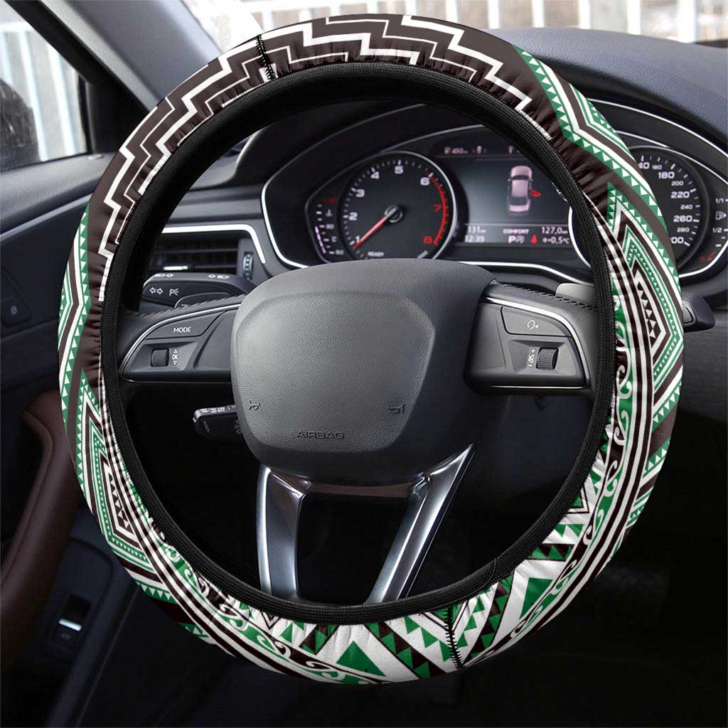 Green Aotearoa Tukutuku and Poutama Motif Steering Wheel Cover LT03 - Polynesian Pride
