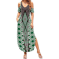 Green Aotearoa Tukutuku and Poutama Motif Summer Maxi Dress LT03 Women Green - Polynesian Pride