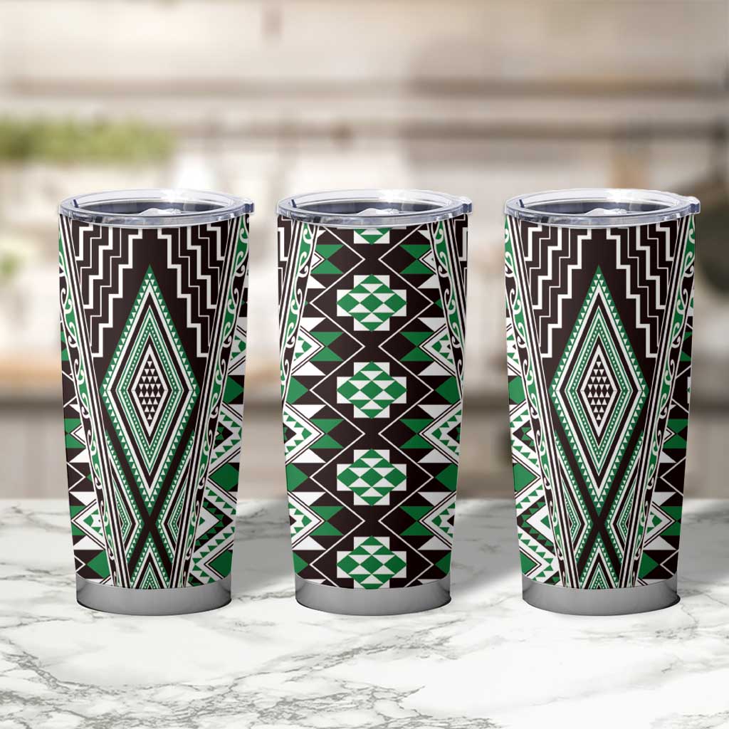 Green Aotearoa Tukutuku and Poutama Motif Tumbler Cup LT03 - Polynesian Pride