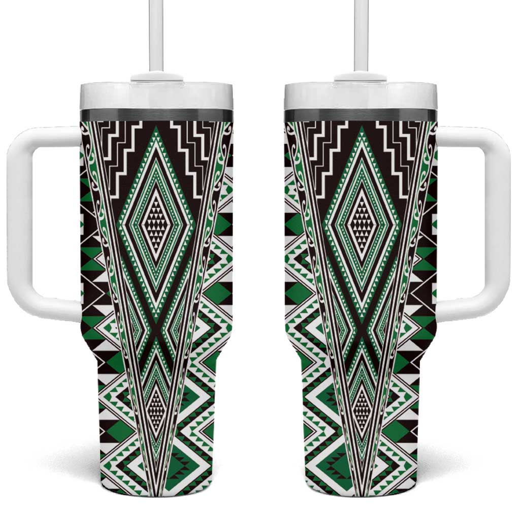 Green Aotearoa Tukutuku and Poutama Motif Tumbler With Handle LT03 One Size: 40 oz Green - Polynesian Pride