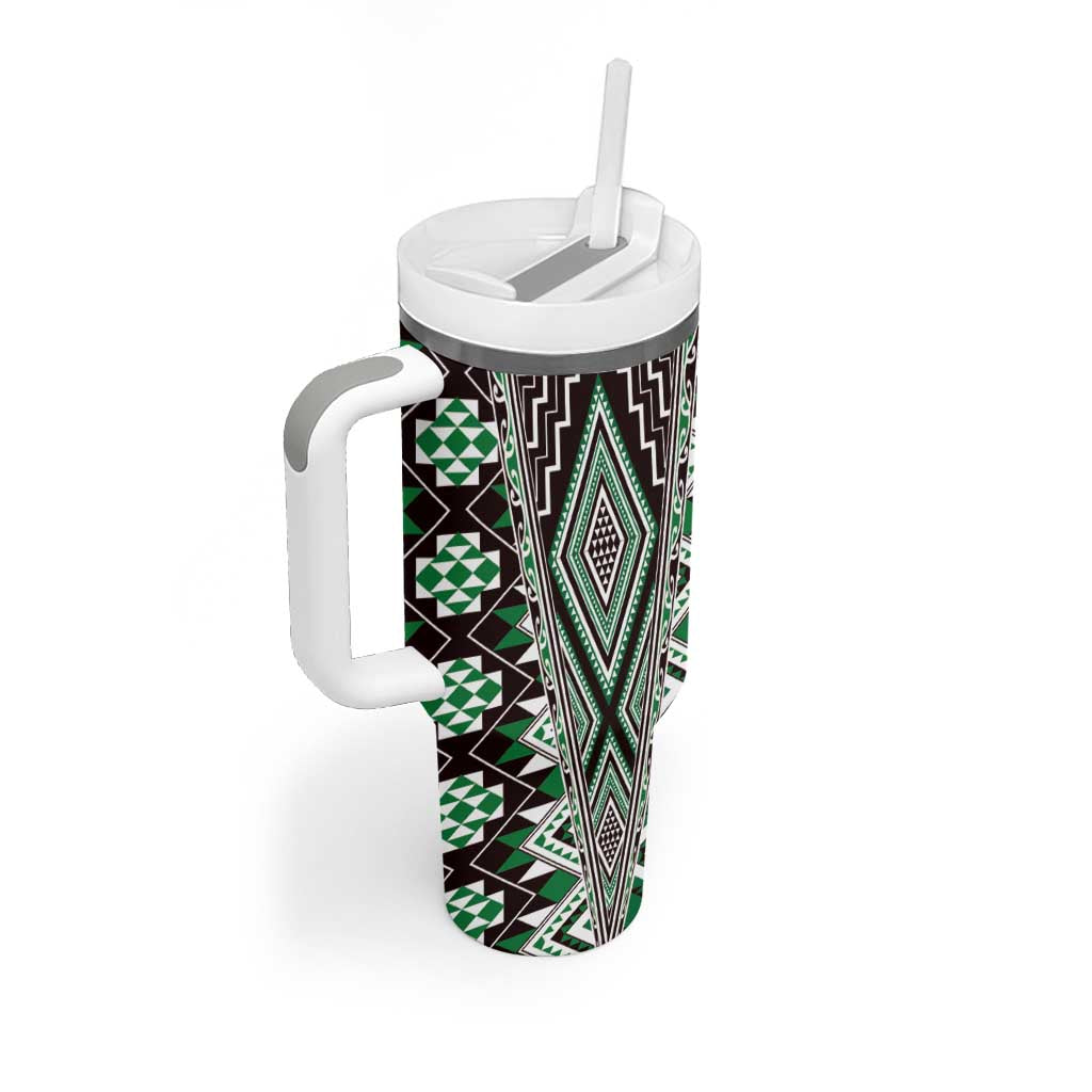 Green Aotearoa Tukutuku and Poutama Motif Tumbler With Handle LT03 - Polynesian Pride