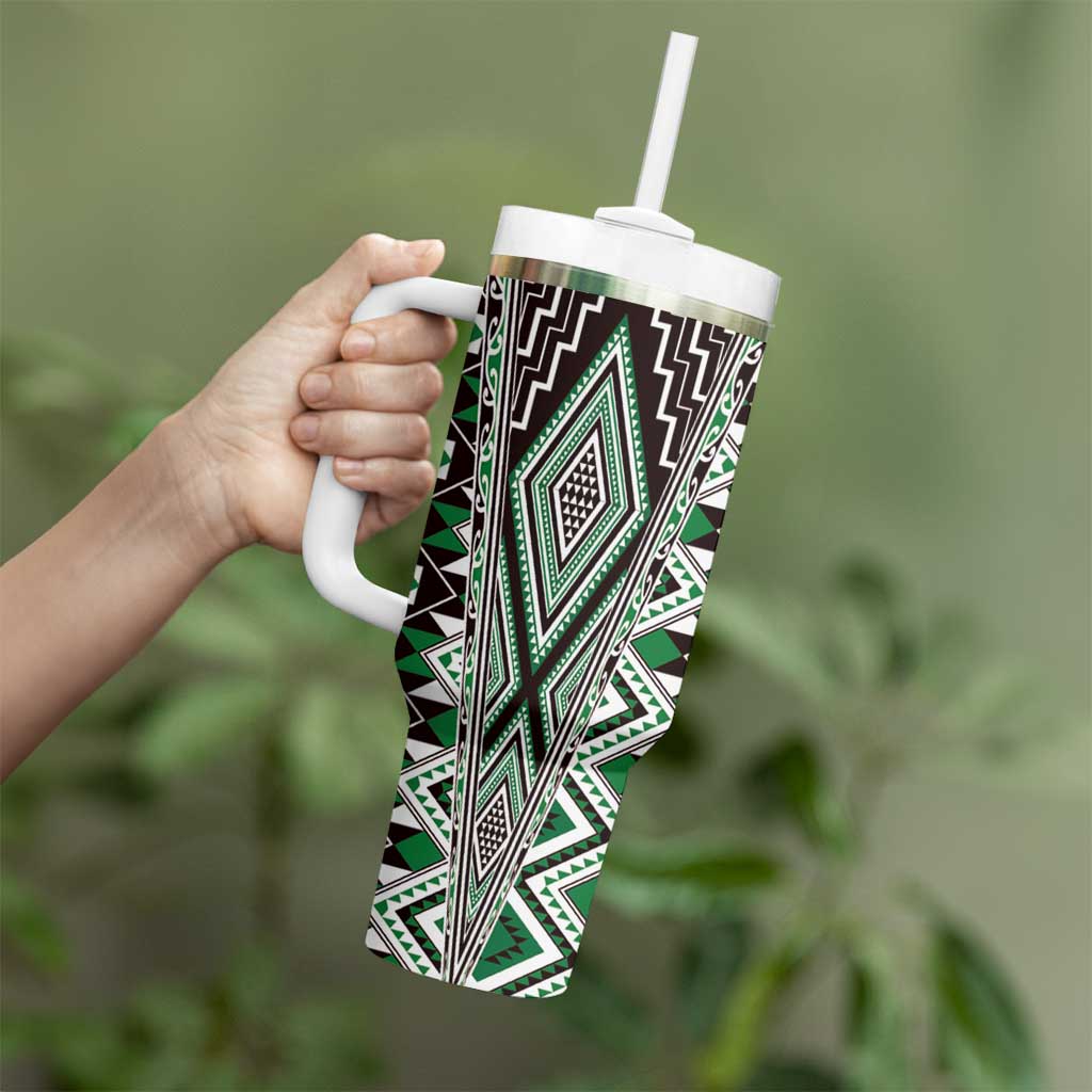 Green Aotearoa Tukutuku and Poutama Motif Tumbler With Handle LT03 - Polynesian Pride