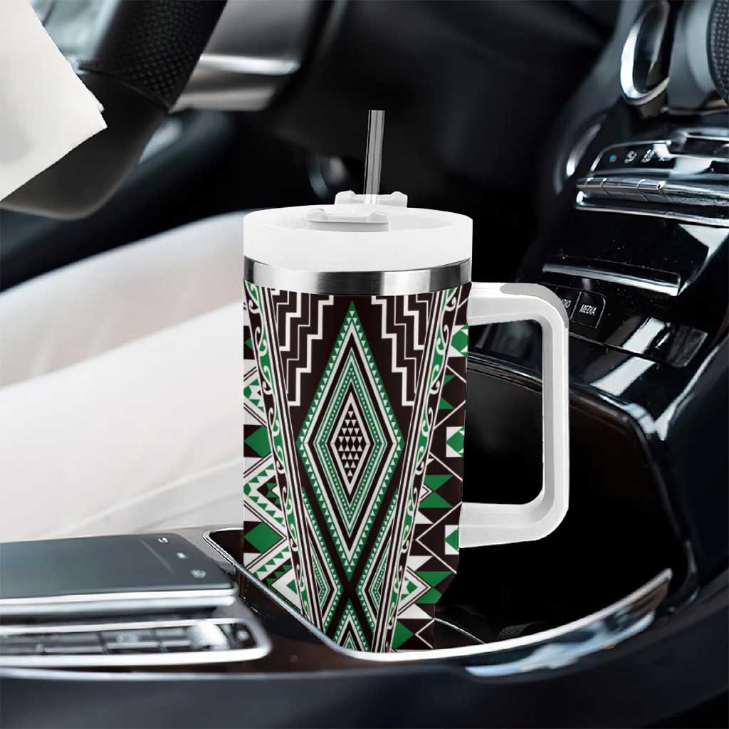 Green Aotearoa Tukutuku and Poutama Motif Tumbler With Handle LT03 - Polynesian Pride