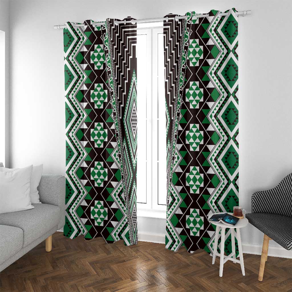 Green Aotearoa Tukutuku and Poutama Motif Window Curtain LT03 With Grommets Green - Polynesian Pride