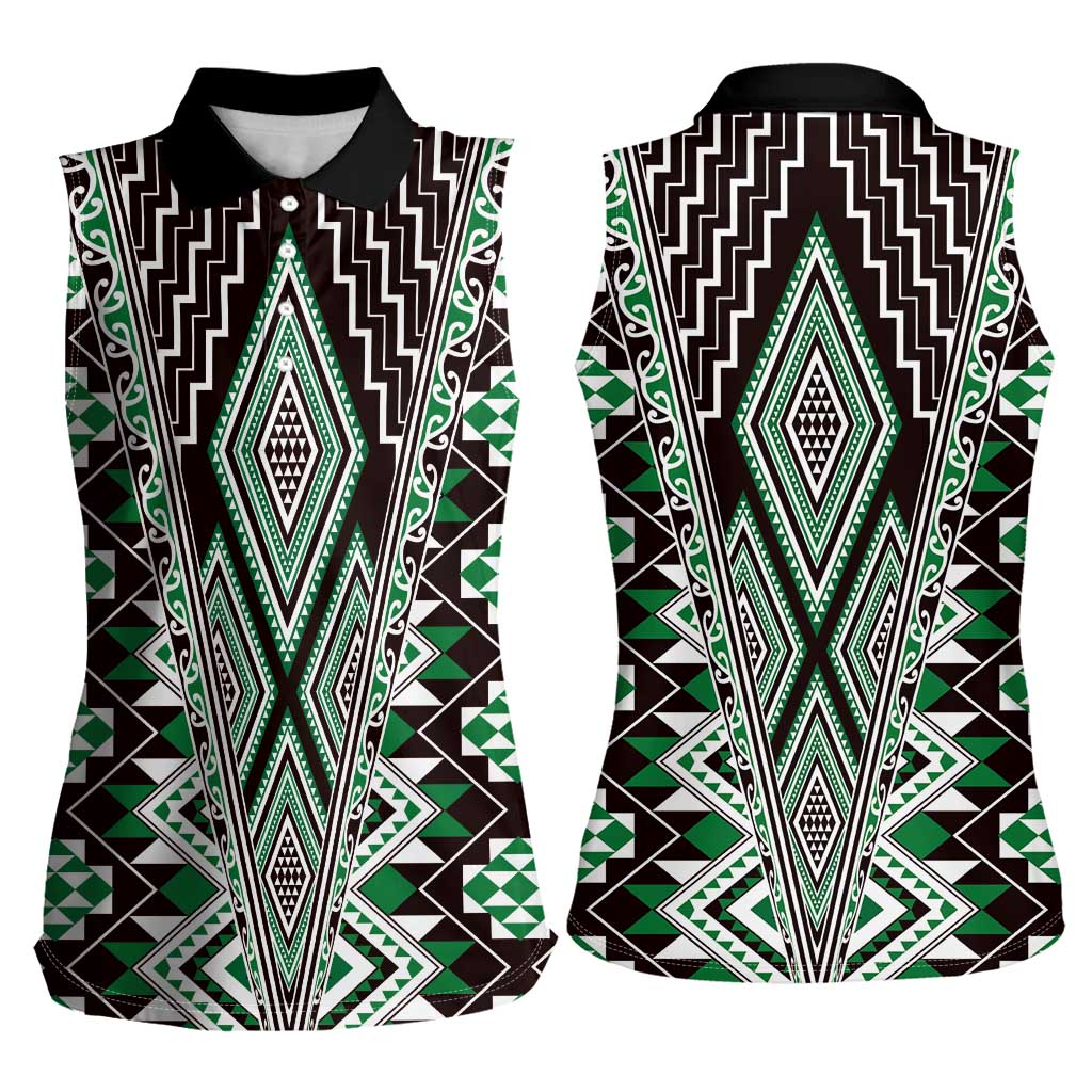 Green Aotearoa Tukutuku and Poutama Motif Women Sleeveless Polo Shirt