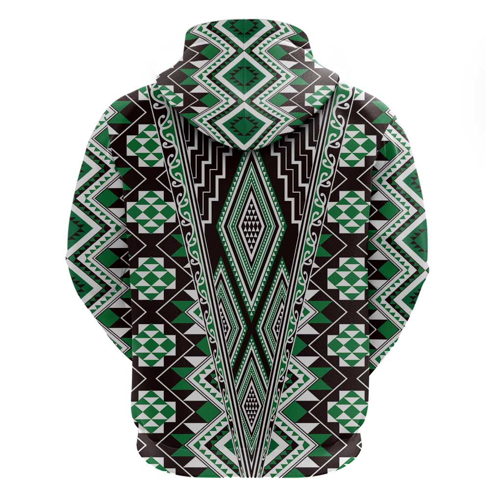 Green Aotearoa Tukutuku and Poutama Motif Zip Hoodie