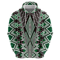 Green Aotearoa Tukutuku and Poutama Motif Zip Hoodie