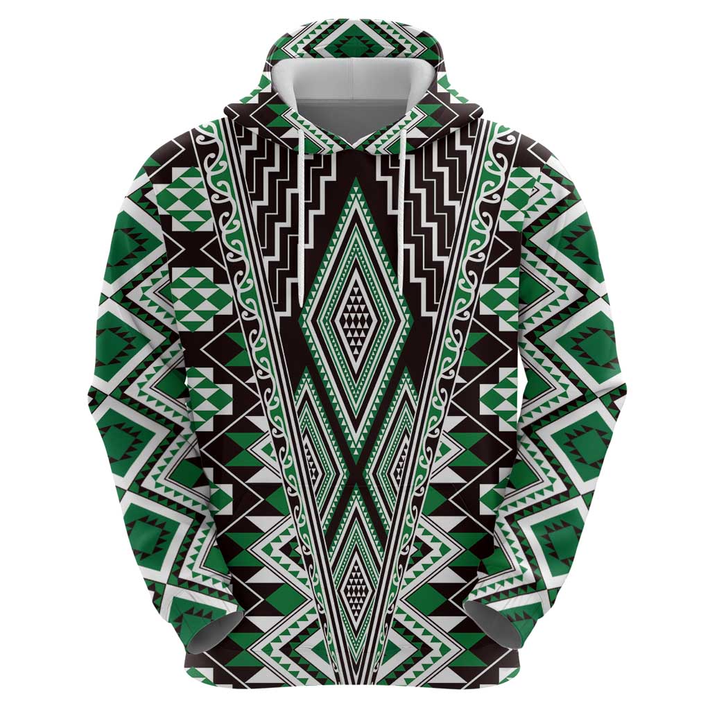Green Aotearoa Tukutuku and Poutama Motif Zip Hoodie
