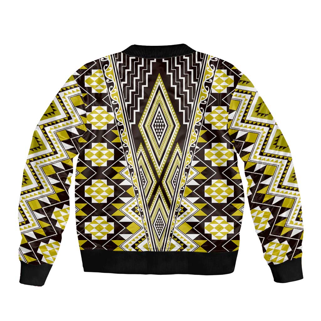 Yellow Aotearoa Tukutuku and Poutama Motif Bomber Jacket