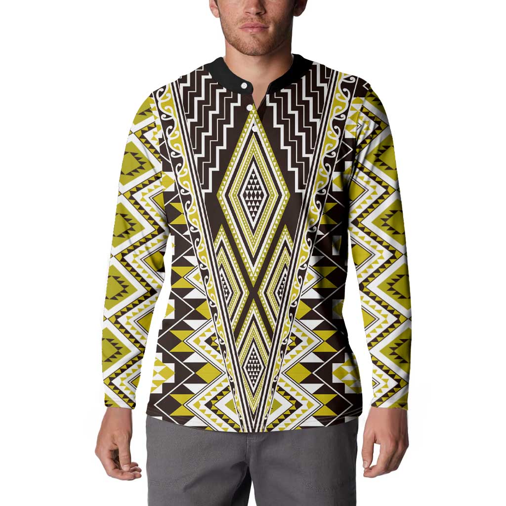 Yellow Aotearoa Tukutuku and Poutama Motif Button Sweatshirt LT03 - Polynesian Pride