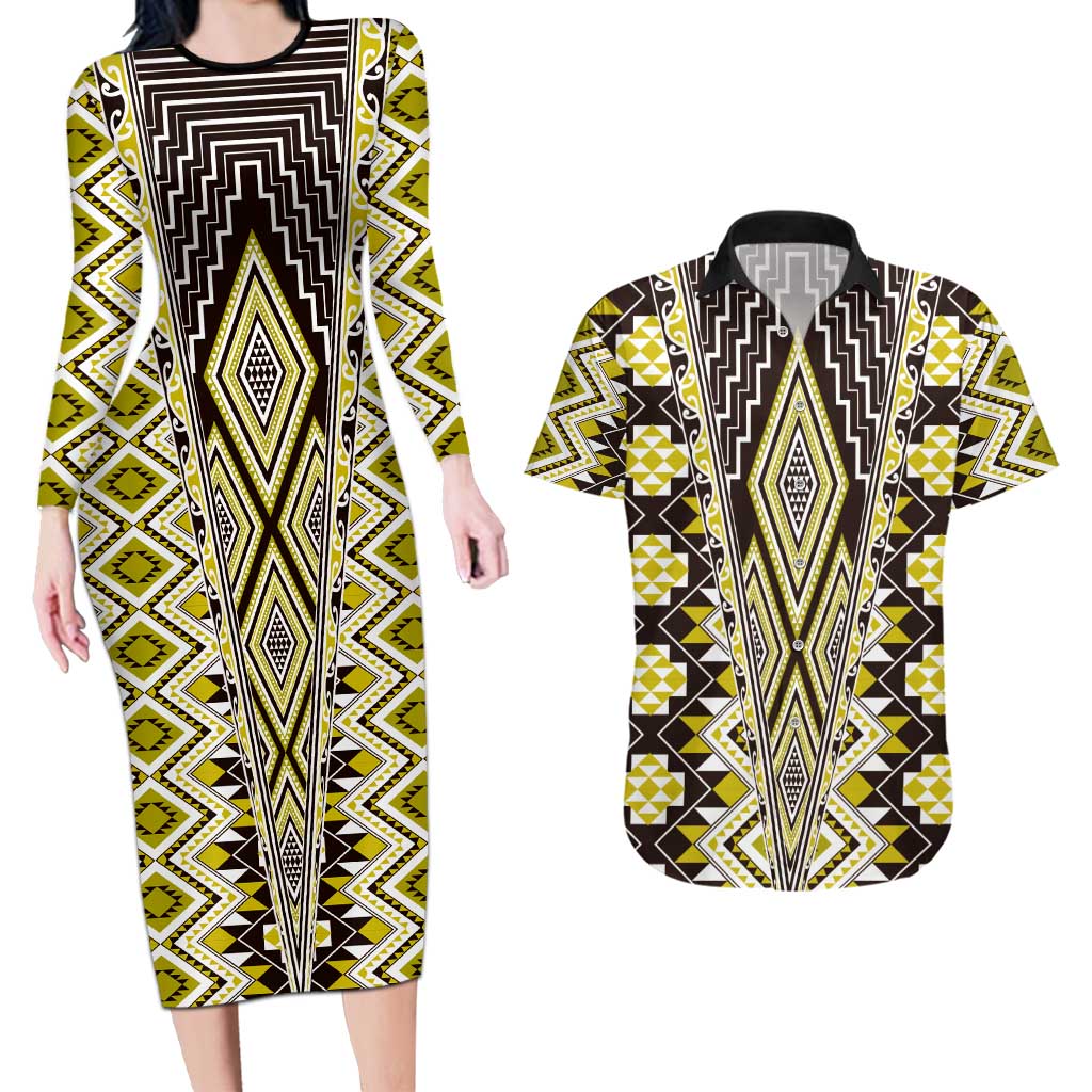 Yellow Aotearoa Tukutuku and Poutama Motif Couples Matching Long Sleeve Bodycon Dress and Hawaiian Shirt LT03 Yellow - Polynesian Pride