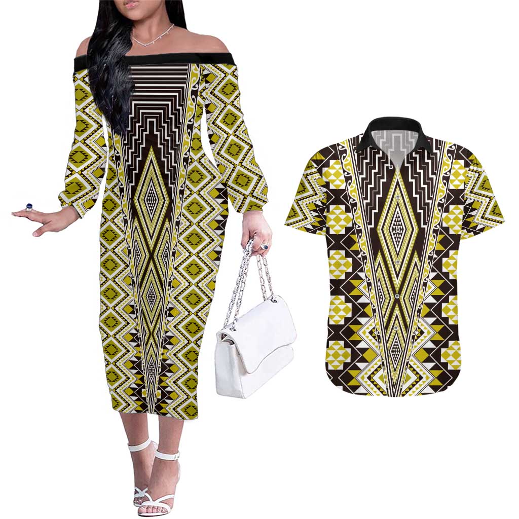 Yellow Aotearoa Tukutuku and Poutama Motif Couples Matching Off The Shoulder Long Sleeve Dress and Hawaiian Shirt LT03 Yellow - Polynesian Pride