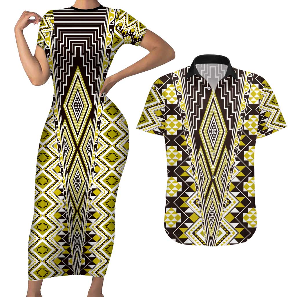 Yellow Aotearoa Tukutuku and Poutama Motif Couples Matching Short Sleeve Bodycon Dress and Hawaiian Shirt LT03 Yellow - Polynesian Pride