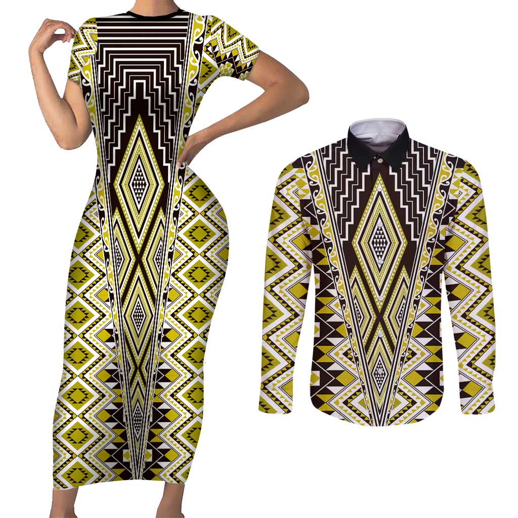 Yellow Aotearoa Tukutuku and Poutama Motif Couples Matching Short Sleeve Bodycon Dress and Long Sleeve Button Shirt