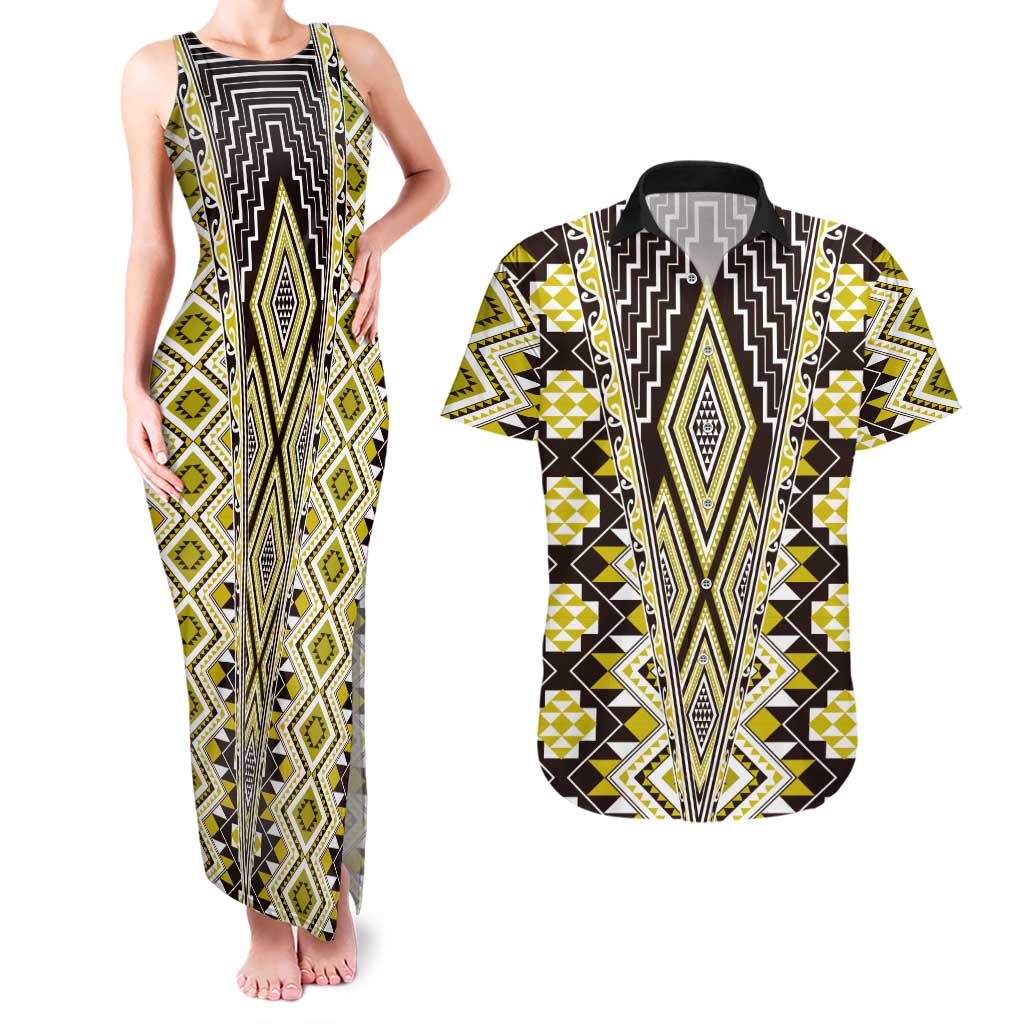 Yellow Aotearoa Tukutuku and Poutama Motif Couples Matching Tank Maxi Dress and Hawaiian Shirt LT03 Yellow - Polynesian Pride