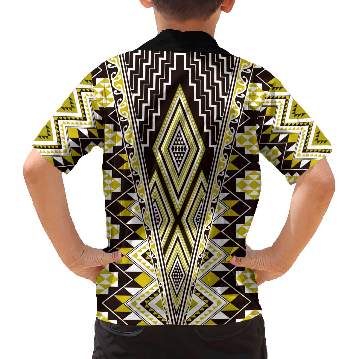 Yellow Aotearoa Tukutuku and Poutama Motif Family Matching Off The Shoulder Long Sleeve Dress and Hawaiian Shirt