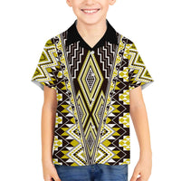 Yellow Aotearoa Tukutuku and Poutama Motif Family Matching Off The Shoulder Long Sleeve Dress and Hawaiian Shirt