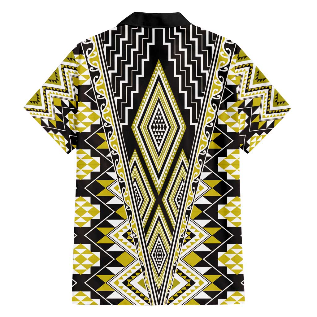 Yellow Aotearoa Tukutuku and Poutama Motif Family Matching Off Shoulder Short Dress and Hawaiian Shirt