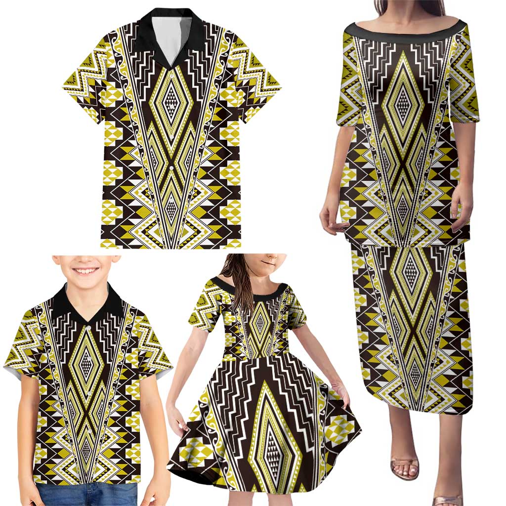 Yellow Aotearoa Tukutuku and Poutama Motif Family Matching Puletasi and Hawaiian Shirt