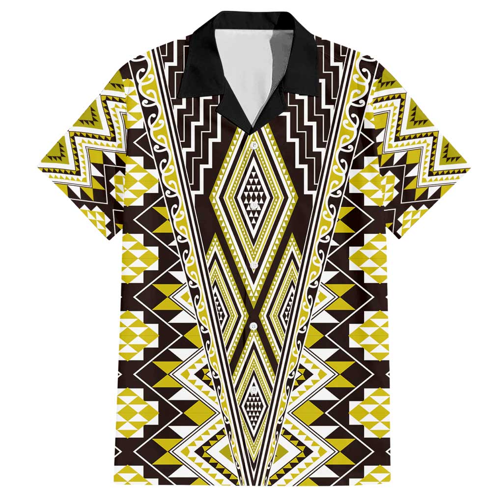 Yellow Aotearoa Tukutuku and Poutama Motif Family Matching Short Sleeve Bodycon Dress and Hawaiian Shirt