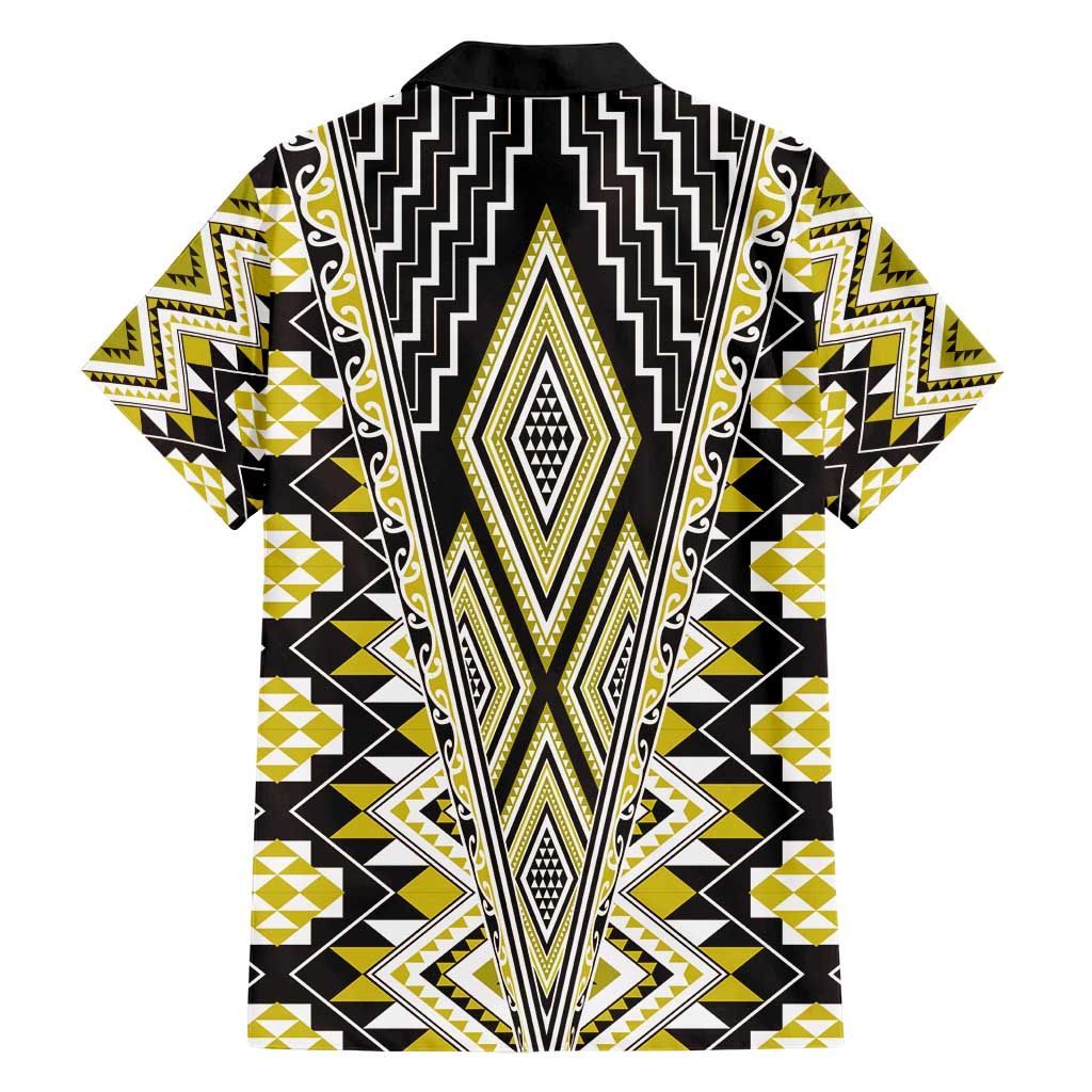 Yellow Aotearoa Tukutuku and Poutama Motif Family Matching Short Sleeve Bodycon Dress and Hawaiian Shirt