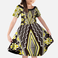 Yellow Aotearoa Tukutuku and Poutama Motif Family Matching Tank Maxi Dress and Hawaiian Shirt