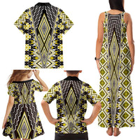 Yellow Aotearoa Tukutuku and Poutama Motif Family Matching Tank Maxi Dress and Hawaiian Shirt