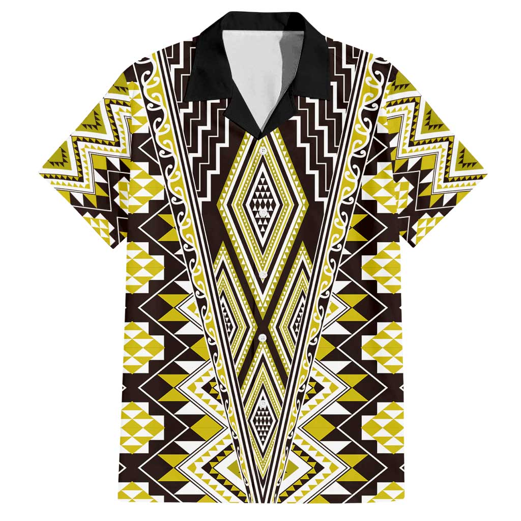 Yellow Aotearoa Tukutuku and Poutama Motif Family Matching Tank Maxi Dress and Hawaiian Shirt