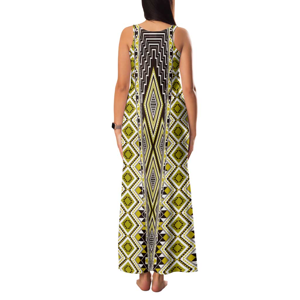 Yellow Aotearoa Tukutuku and Poutama Motif Family Matching Tank Maxi Dress and Hawaiian Shirt
