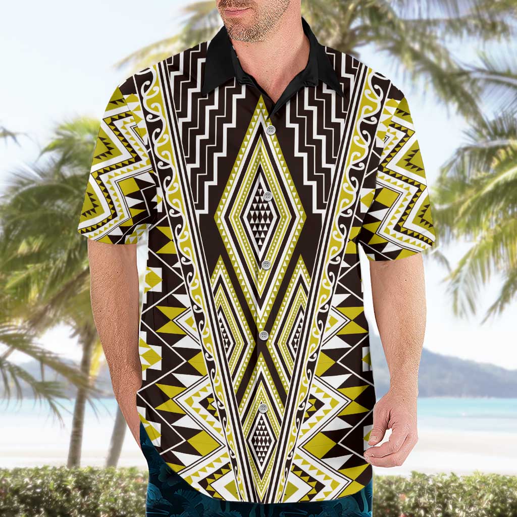 Yellow Aotearoa Tukutuku and Poutama Motif Hawaiian Shirt LT03 - Polynesian Pride