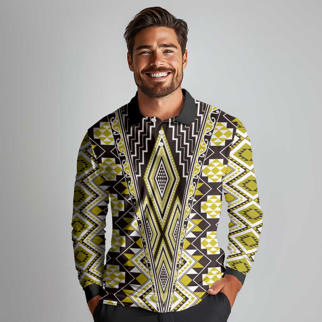 Yellow Aotearoa Tukutuku and Poutama Motif Long Sleeve Polo Shirt