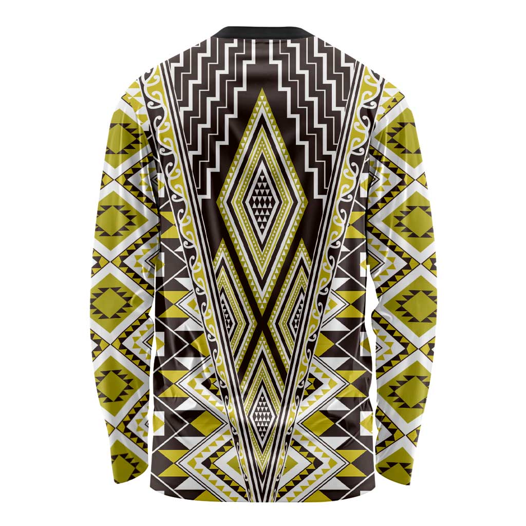 Yellow Aotearoa Tukutuku and Poutama Motif Long Sleeve Shirt LT03 - Polynesian Pride